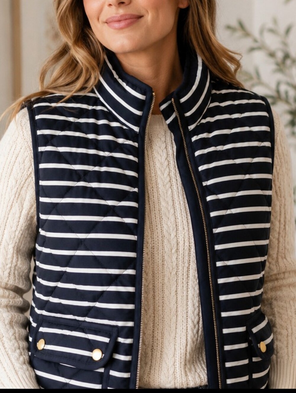 J. Crew Navy and White Striped Quilted Vest with Gold Accents